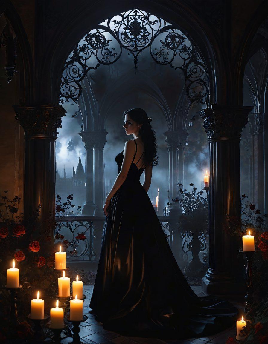 A captivating scene featuring a dark, romantic landscape illuminated by flickering candles. Silhouettes of Gothic architecture and lush, black roses in the foreground, evoking mystery and allure. An ethereal figure dressed in flowing black velvet gazes thoughtfully into the distance, surrounded by swirling mist. Deep, rich colors that enhance the sense of intimacy and depth. super-realistic. dark color palette. ethereal lighting.