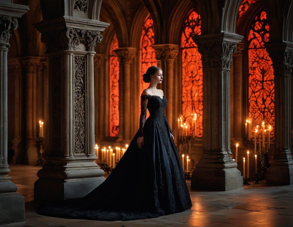 A stylish figure draped in an elegant black gown with intricate lace details, standing against a backdrop of a dimly lit, ornate Gothic architecture. Decorative candles illuminate the scene, casting soft shadows, while dark red roses add a touch of vibrant color. The atmosphere exudes mystery and allure, emphasizing the beauty of Gothic fashion. ethereal lighting. super-realistic. dramatic contrast.