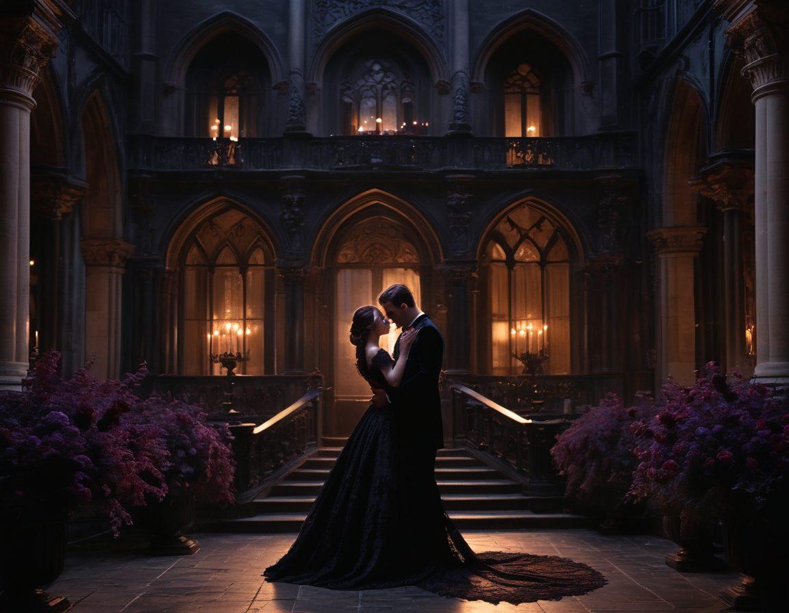 A mysterious, enchanting scene depicting a couple embracing under a moonlit sky, adorned in elegant dark attire with intricate lace and velvet textures. Surround them with shadowy flowers in deep purples and blacks, adding an air of intrigue. Incorporate gothic architecture in the background, with delicate candlelit ambiance that highlights their passionate connection. dark aesthetic. moody lighting. romantic atmosphere. surrealism.